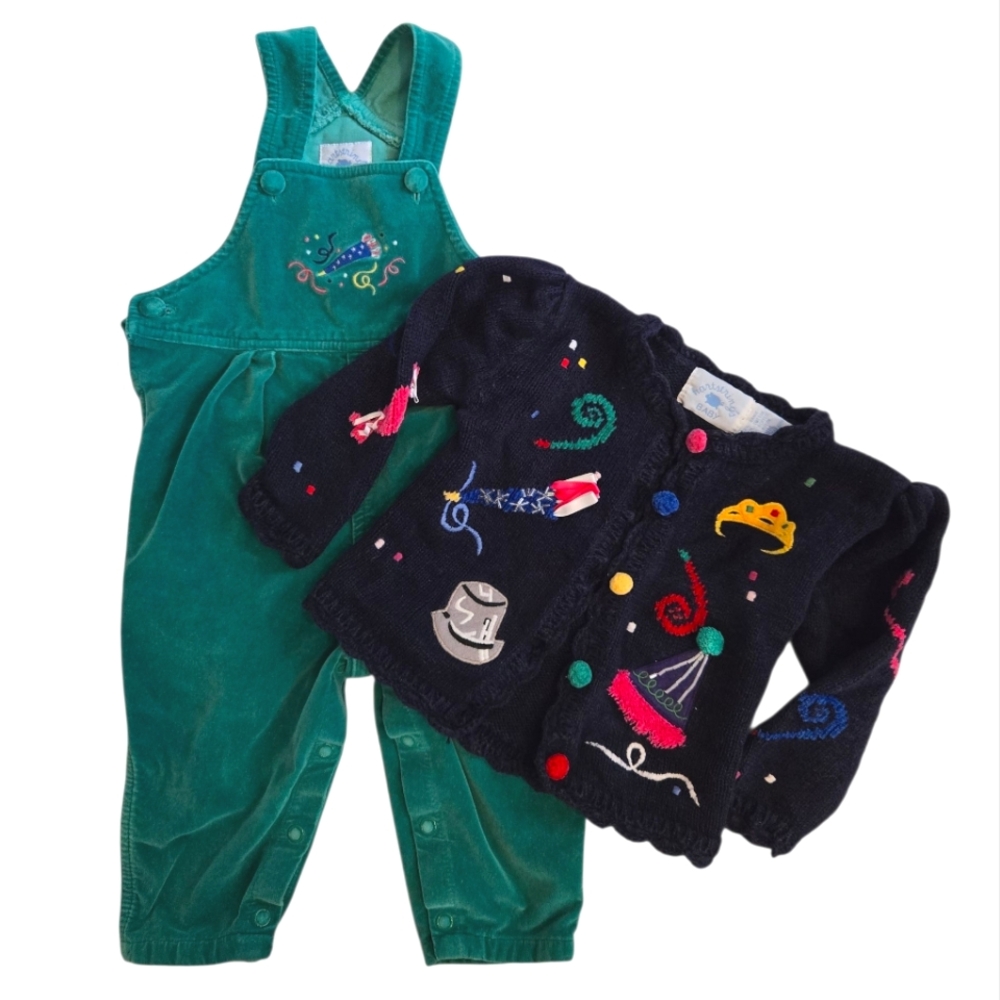 RARE Vintage Y2k New Year's Eve 2000 Embroidered Cardigan and Green Overalls Set